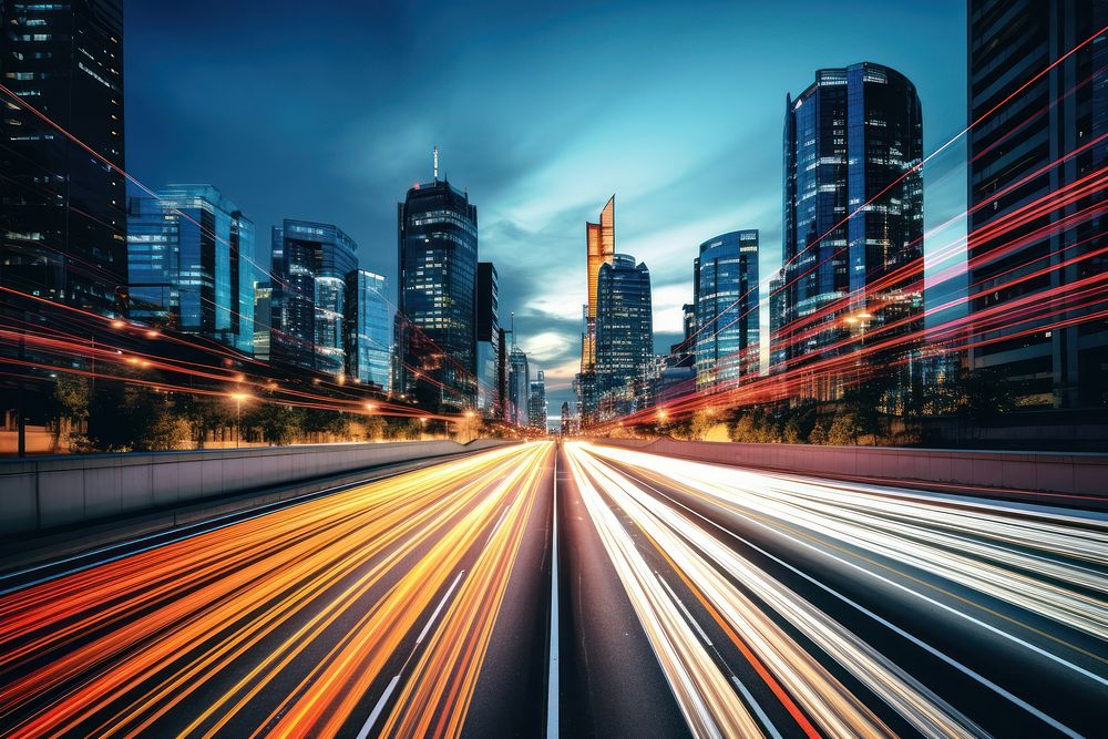 The motion blur of a busy urban highway city architecture metropolis. AI generated Image by rawpixel.