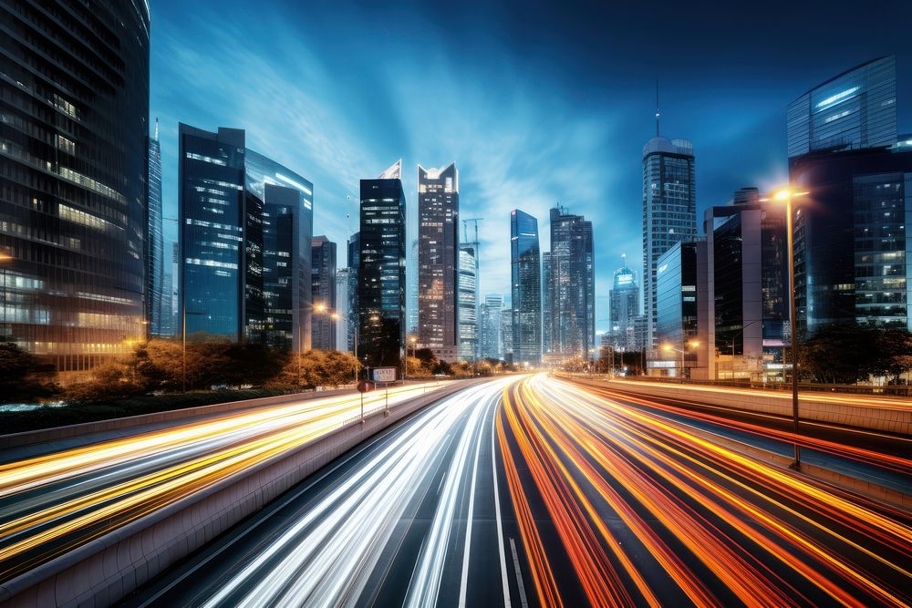 The motion blur of a busy urban highway city architecture metropolis. AI generated Image by rawpixel.