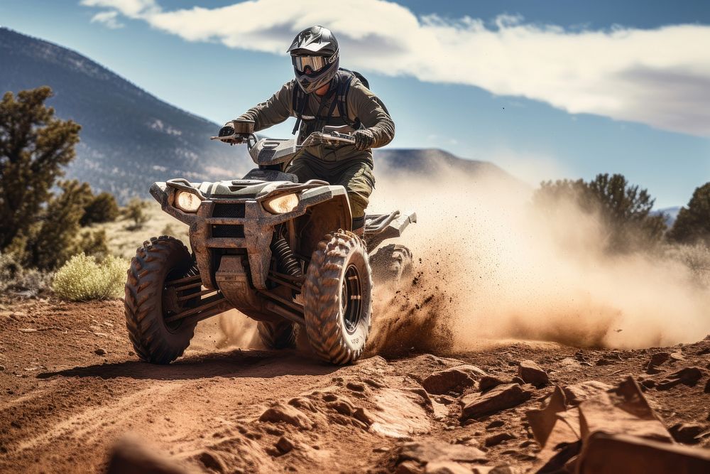 Man riding ATV helmet adventure mountain. AI generated Image by rawpixel.