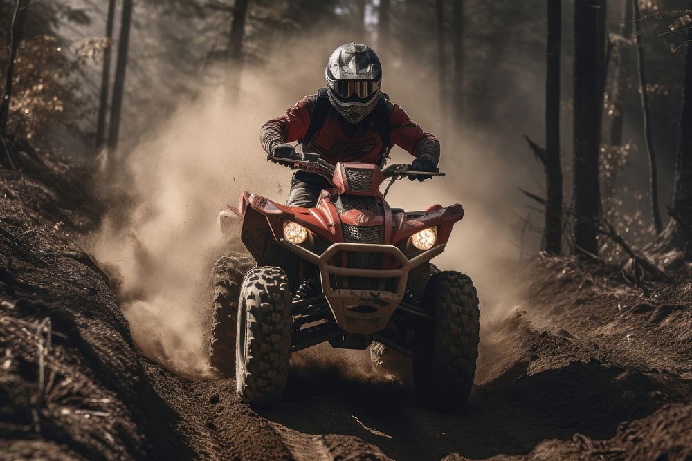 Man riding red ATV helmet adventure vehicle. AI generated Image by rawpixel.