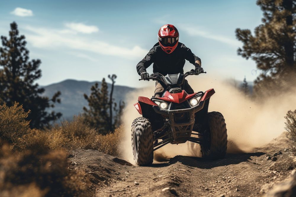 Man riding red ATV helmet motorcycle adventure. AI generated Image by rawpixel.
