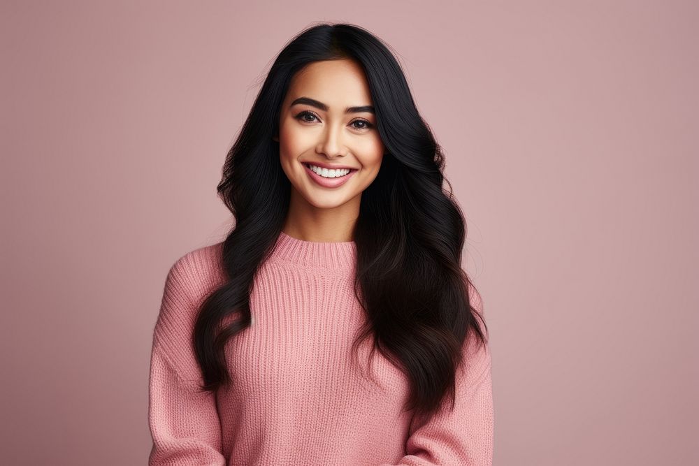 Asian tan woman sweater smiling looking. AI generated Image by rawpixel.