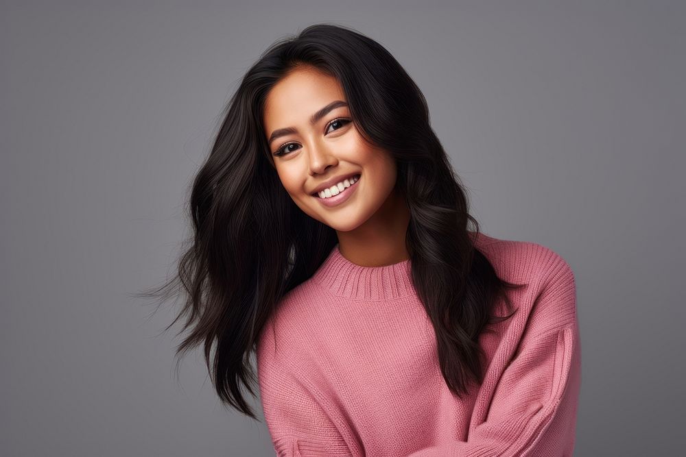 Asian tan woman sweater portrait smiling. AI generated Image by rawpixel.