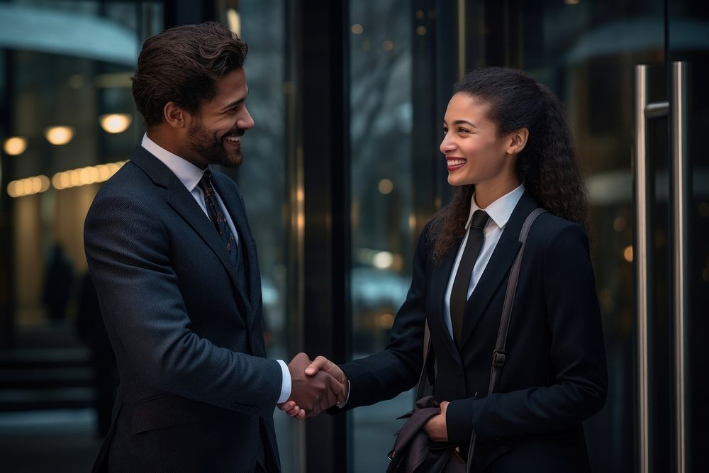 Business man and business woman greeting smiling adult. AI generated Image by rawpixel.
