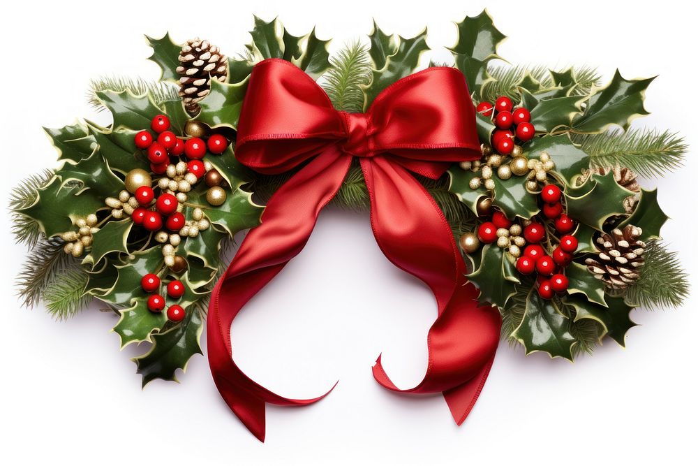 Christmas decorative wreath of holly christmas ribbon white background. 