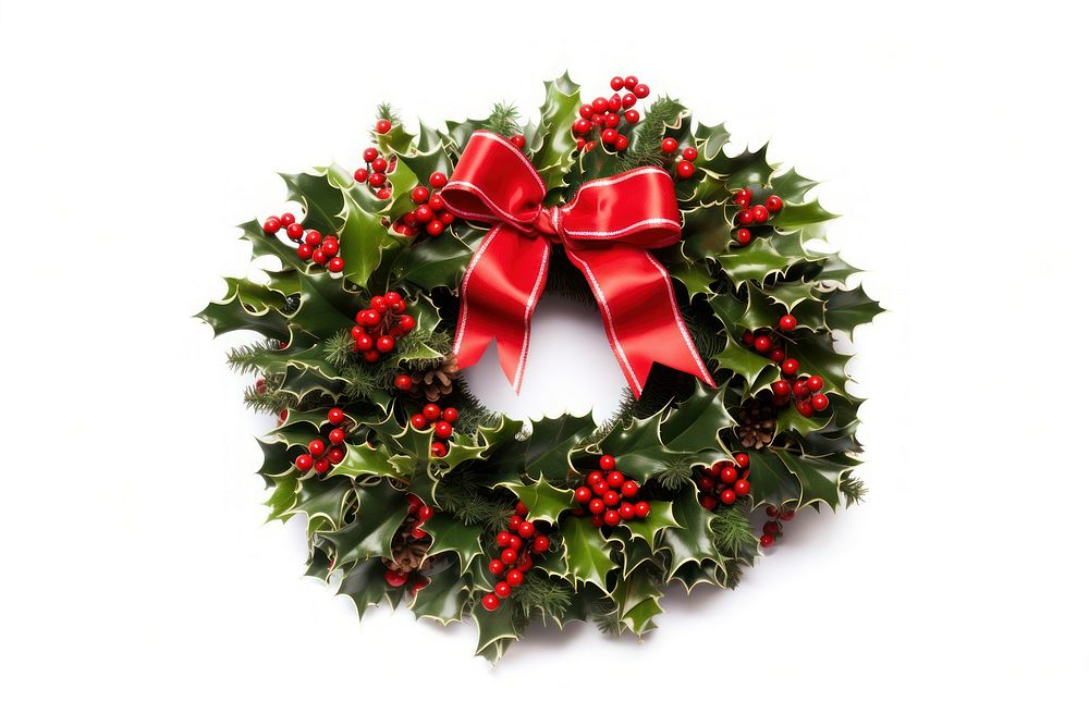 Christmas decorative wreath of holly christmas ribbon white background. AI generated Image by rawpixel.