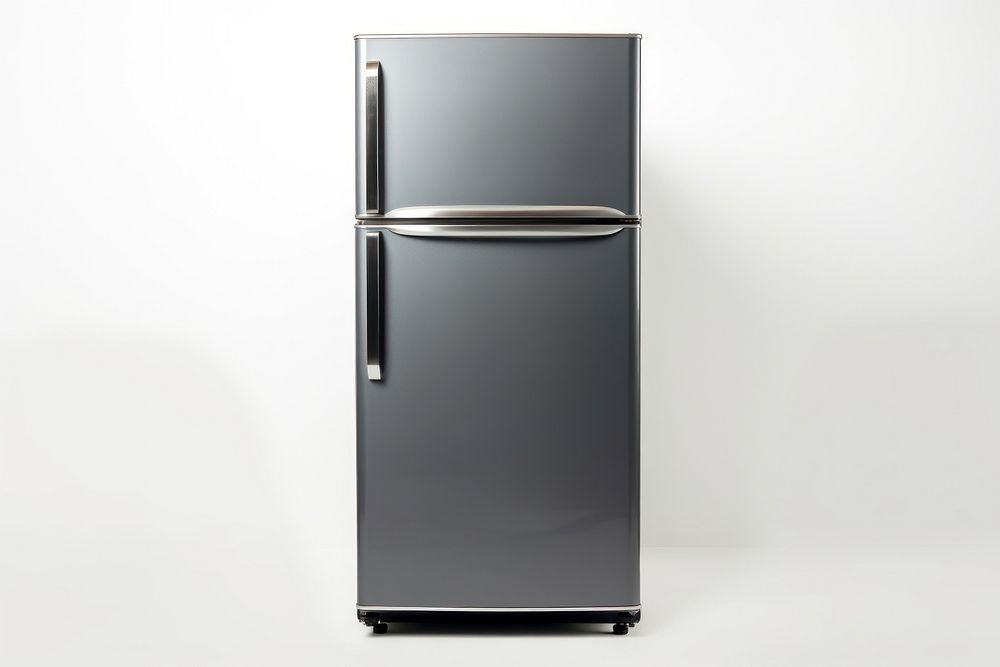 A gray metallic fridge refrigerator appliance white background. AI generated Image by rawpixel.