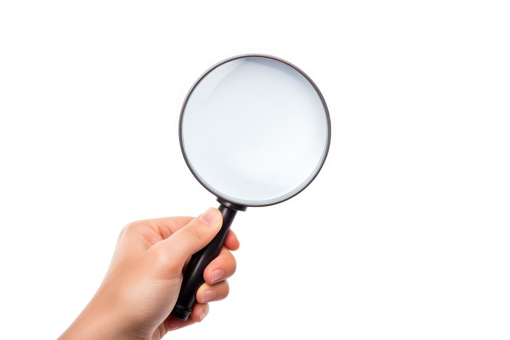 Hand hold magnifying glass white background discovery holding. AI generated Image by rawpixel.