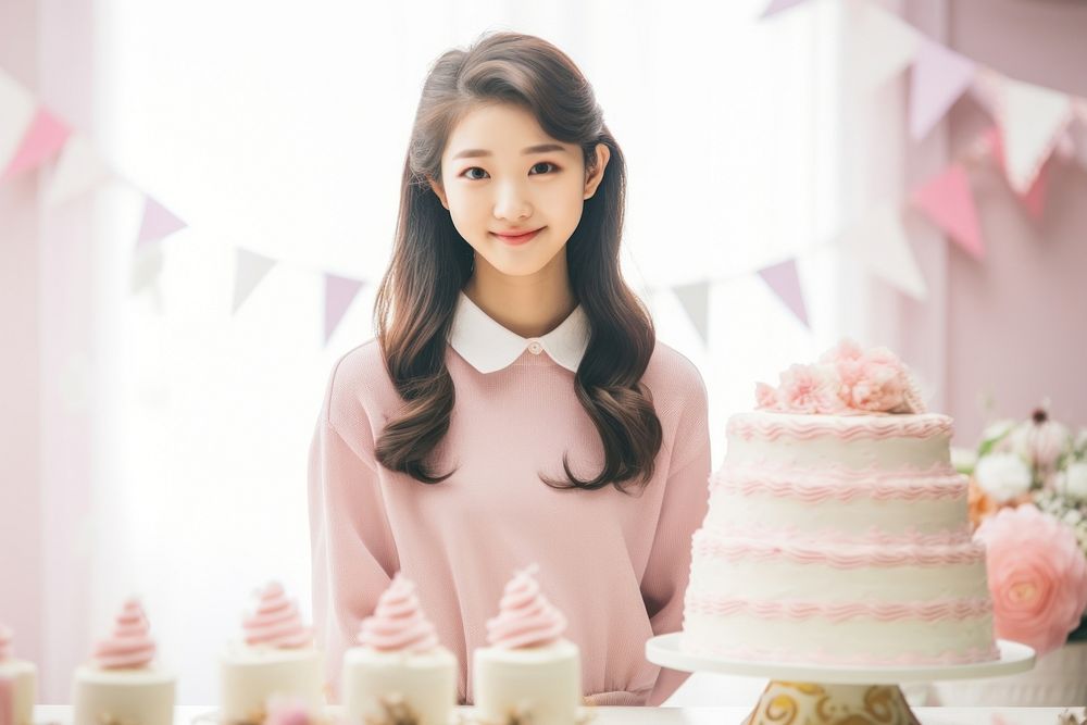 Happy girl Korean birthday party cake dessert food. AI generated Image by rawpixel.