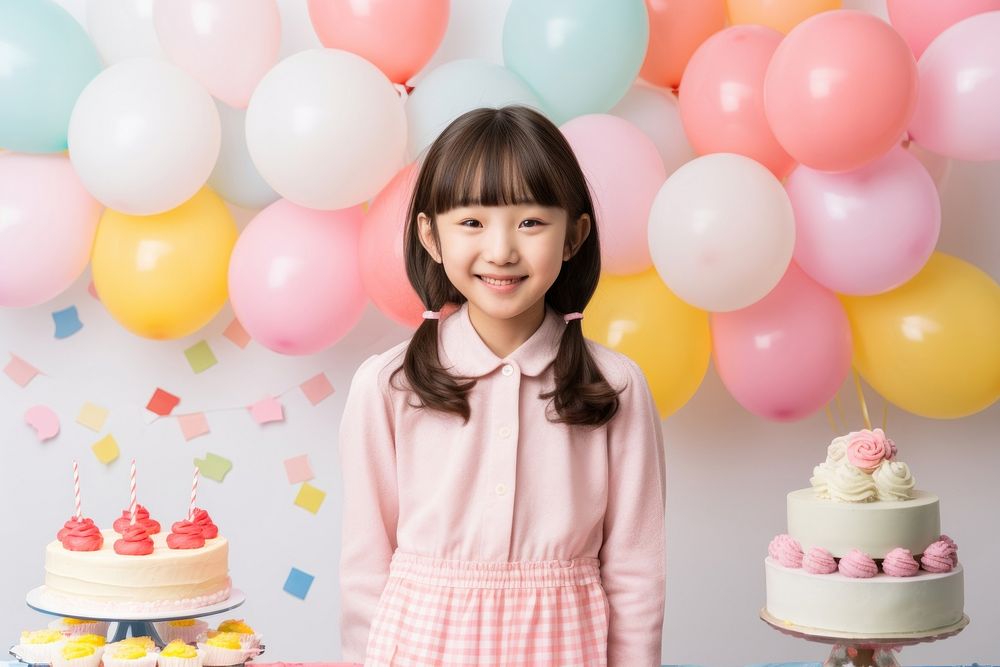 Happy girl Japanese birthday party cake balloon dessert. AI generated Image by rawpixel.