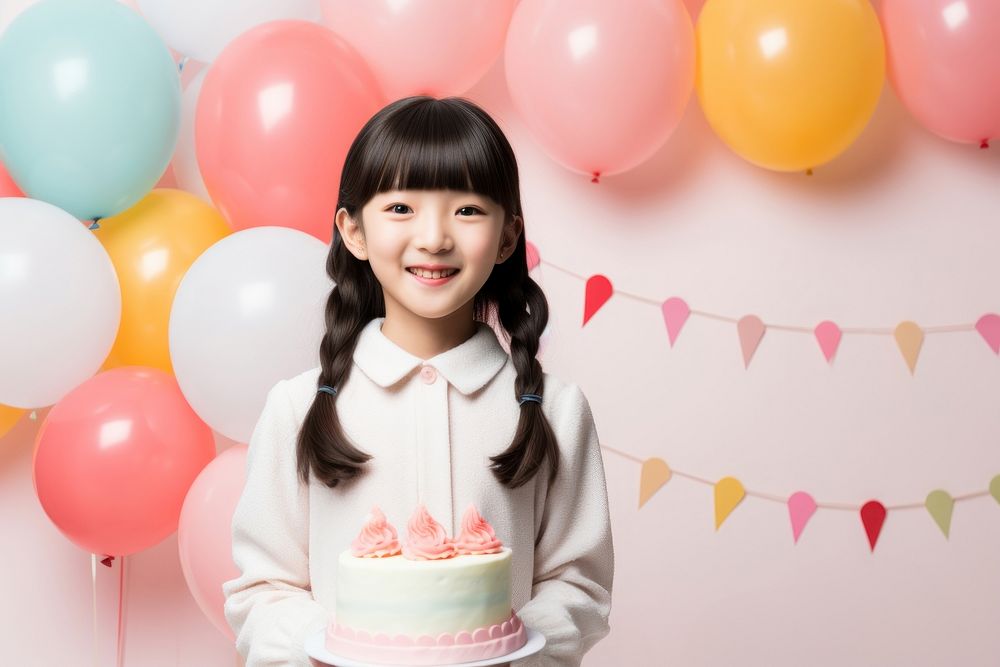 Happy girl Japanese birthday party cake balloon dessert. AI generated Image by rawpixel.