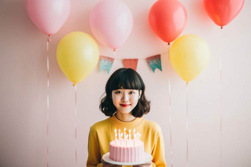 Happy girl Taiwanese birthday party cake balloon dessert. AI generated Image by rawpixel.