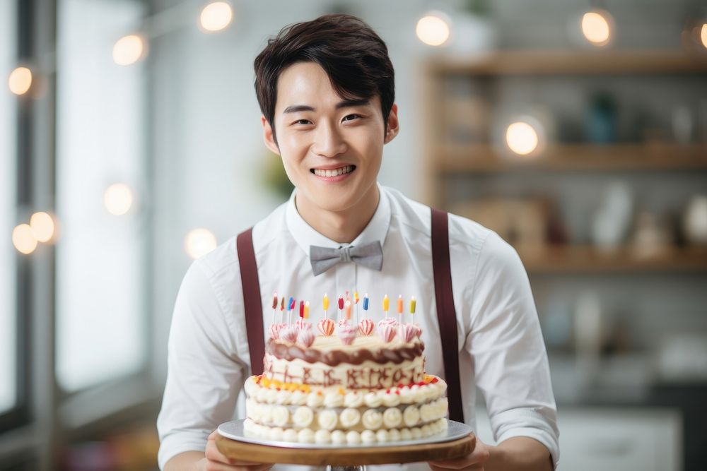 Happy young man Korean birthday party cake dessert food. AI generated Image by rawpixel.