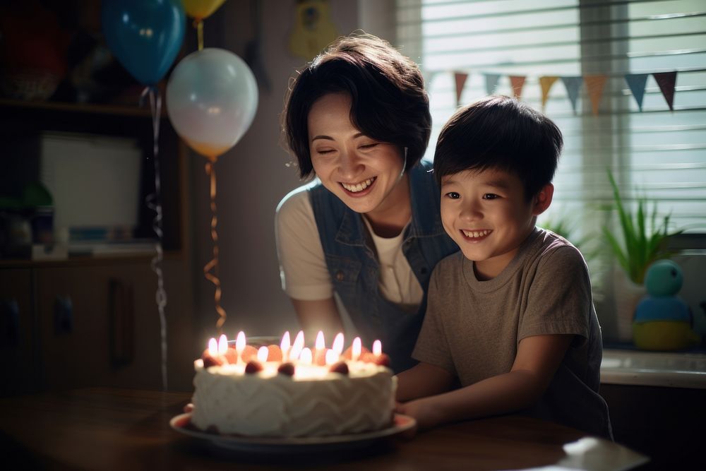 Happy young boy and mom Taiwanese birthday party cake dessert child. AI generated Image by rawpixel.