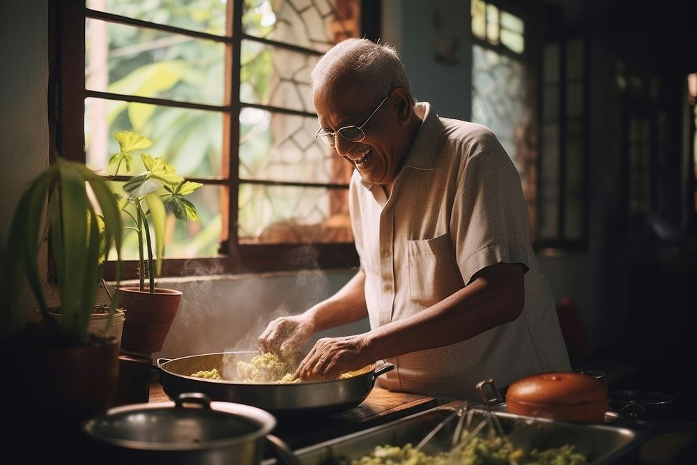 Indian elderly cooking south asian kitchen food adult. AI generated Image by rawpixel.