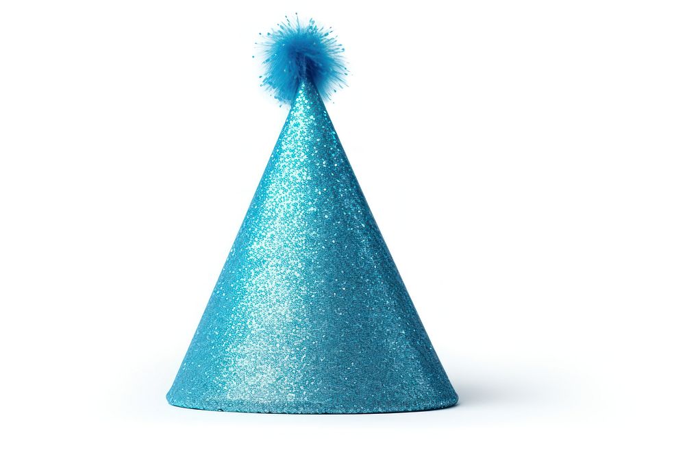Realistic blue glitter party hat with pompon on top white background celebration anniversary. AI generated Image by rawpixel.