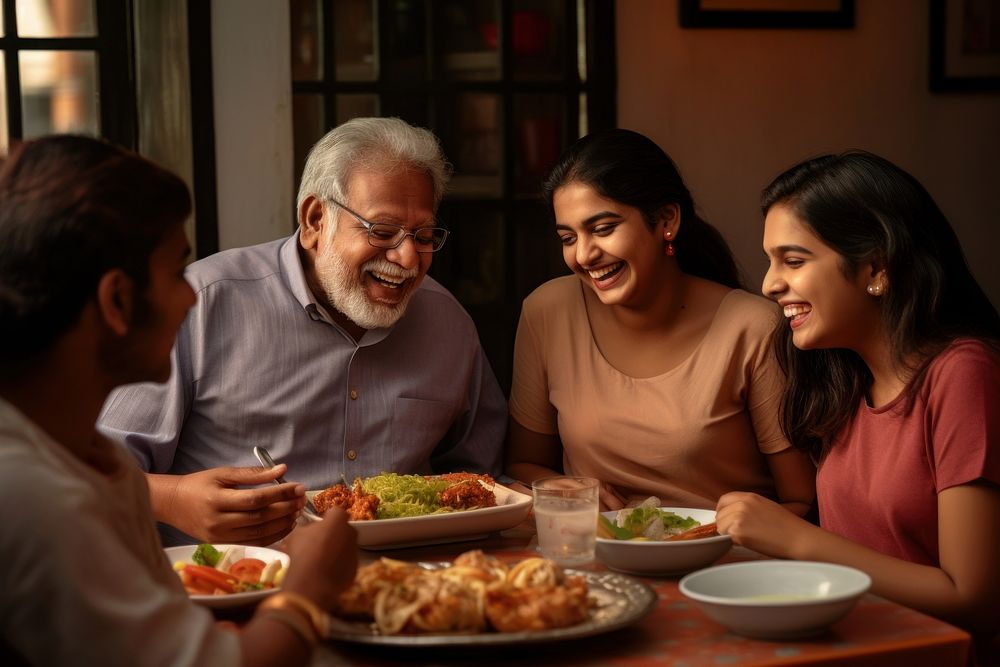 Senior man and senior women and a girl teenager south asian food restaurant adult. AI generated Image by rawpixel.