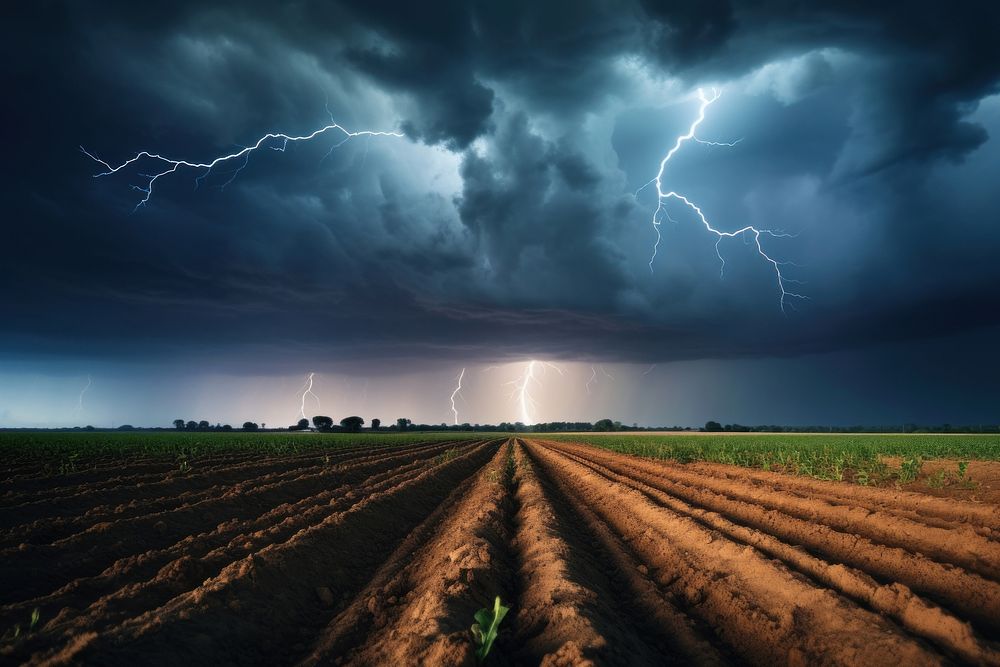 Lightning storm thunderstorm agriculture. AI generated Image by rawpixel.
