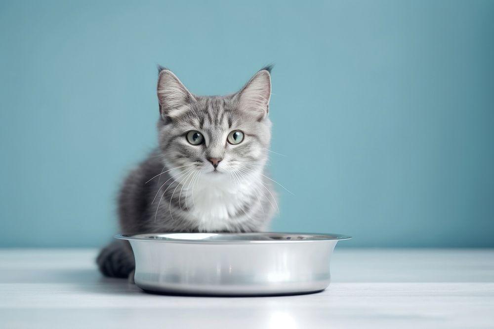 Cat eating on a metal bowl animal mammal feline. AI generated Image by rawpixel.