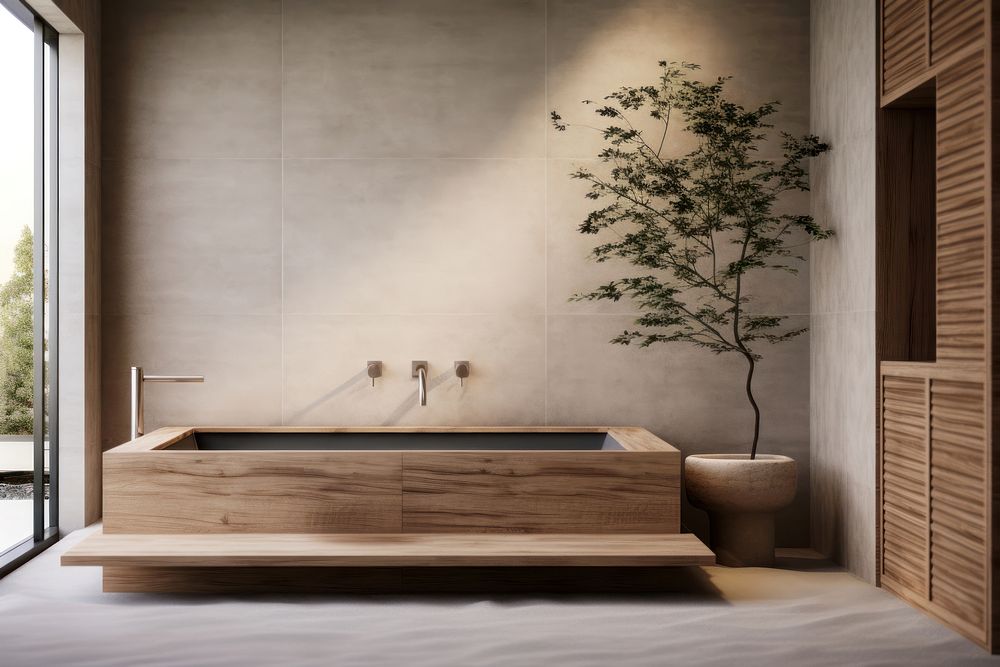 Beautiful spa Japandi bathroom interior bathtub jacuzzi plant. 