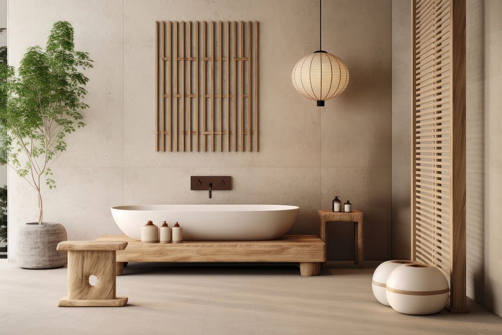 Beautiful spa Japandi bathroom interior bathtub wood architecture. AI generated Image by rawpixel.