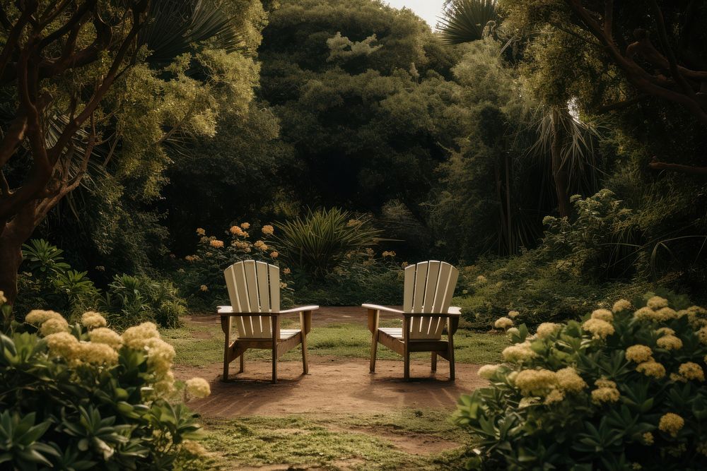 Chairs in the middle of a garden land architecture furniture. AI generated Image by rawpixel.