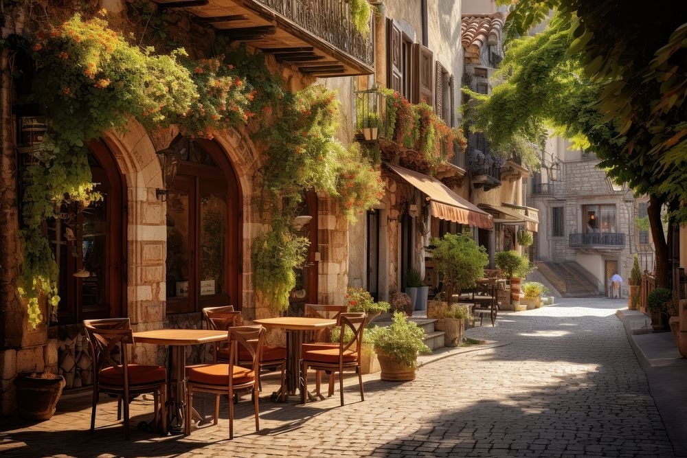 Cozy pedestrian street cobblestone restaurant outdoors. AI generated Image by rawpixel.