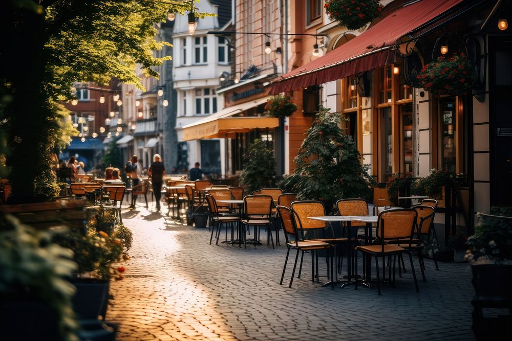 Cozy pedestrian street restaurant outdoors downtown. AI generated Image by rawpixel.