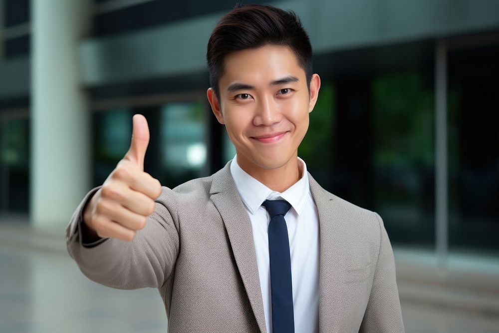 Happy asian man thumbs up standing portrait success. AI generated Image by rawpixel.