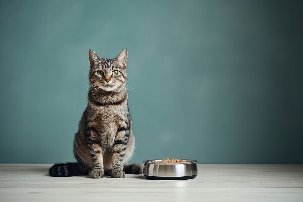 Cat sitting by food dish animal mammal kitten. AI generated Image by rawpixel.