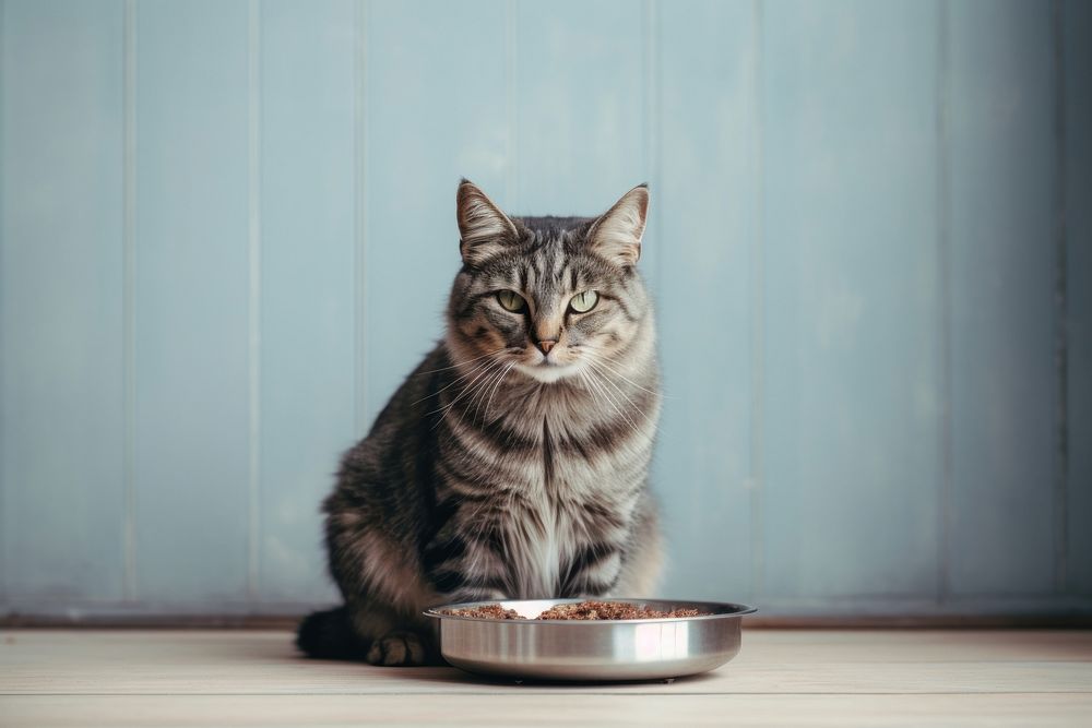 Cat sitting by food dish mammal animal kitten. AI generated Image by rawpixel.