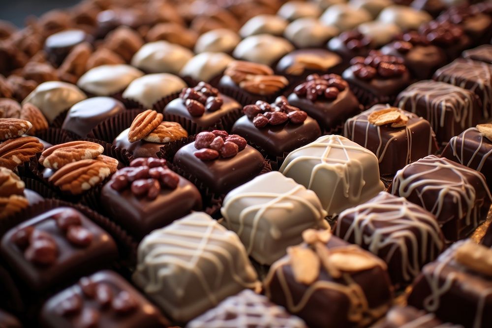 Many chocolate pralines confectionery dessert food. AI generated Image by rawpixel.