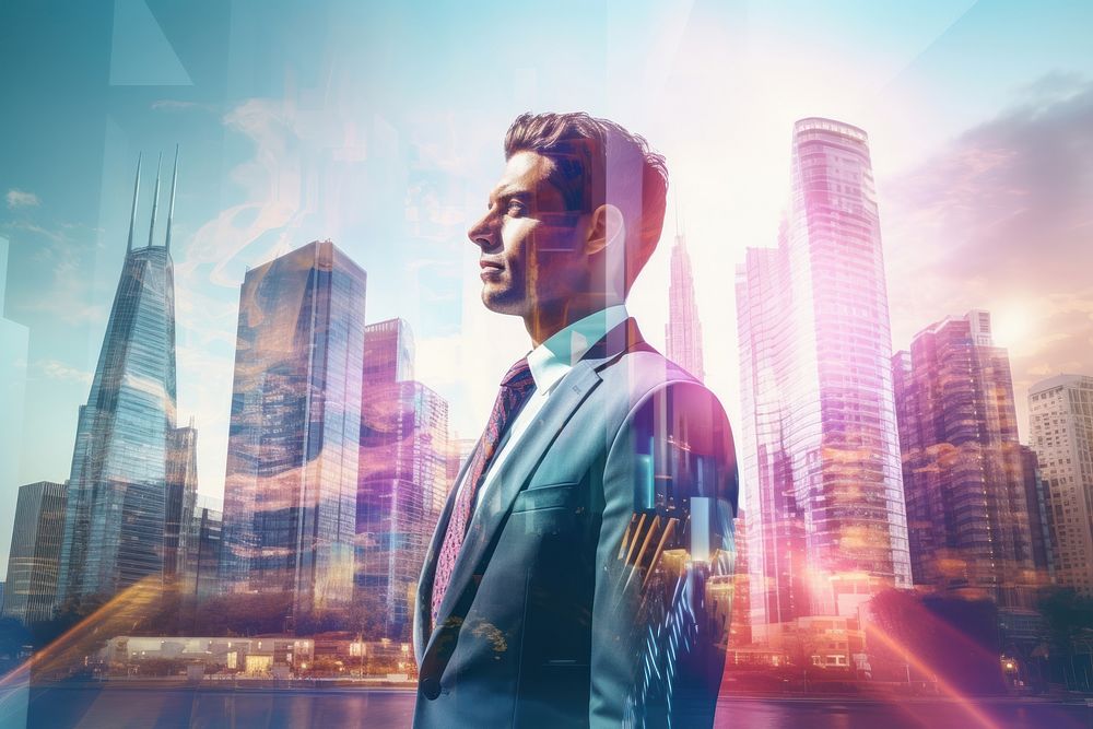Businessman and city skyline architecture skyscraper cityscape. AI generated Image by rawpixel.