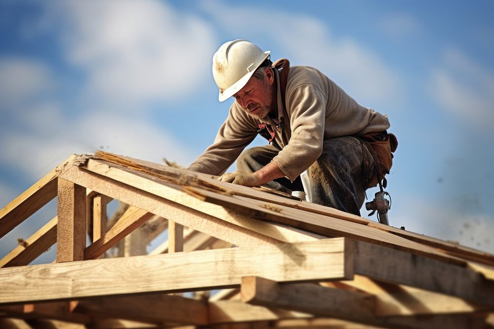 Carpenter working on roof construction hardhat roofer. AI generated Image by rawpixel.
