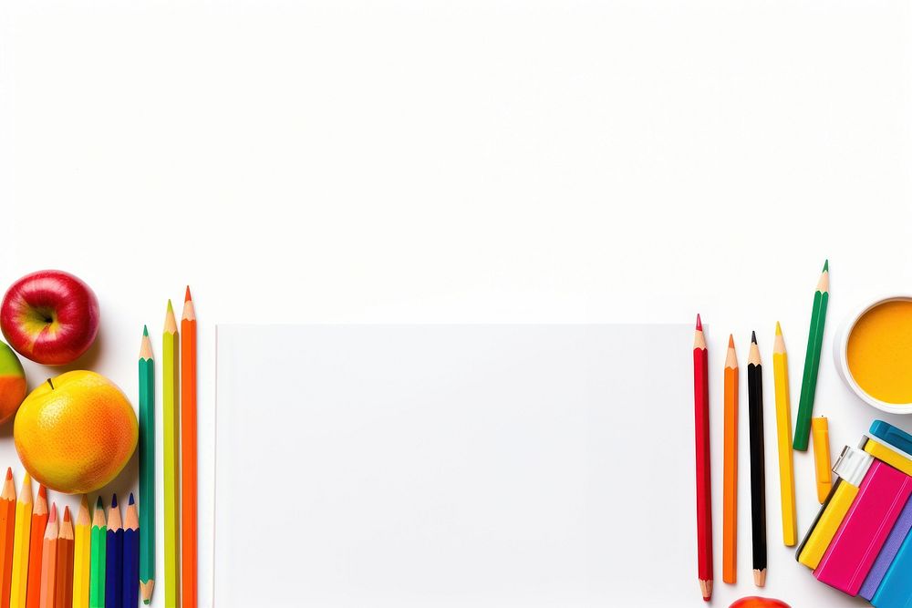 School supplies pencil apple white background. AI generated Image by rawpixel.