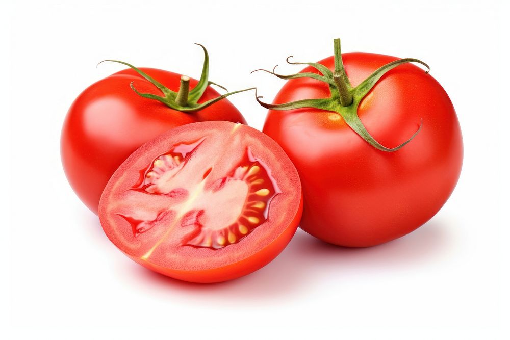Two fresh tomatoes whole and cut half vegetable plant food. AI generated Image by rawpixel.