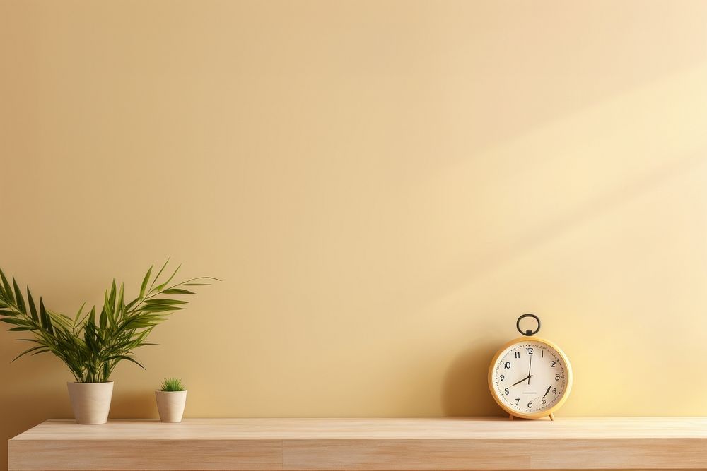 Wooden white table with plant and small clock on beige wall architecture nature yellow. AI generated Image by rawpixel.