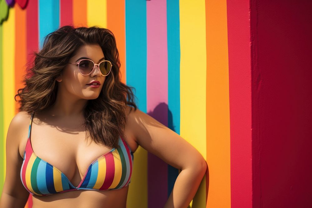Chubby Latina woman in a swimming costume standing in front of a colorful wall sunglasses swimwear portrait. AI generated…