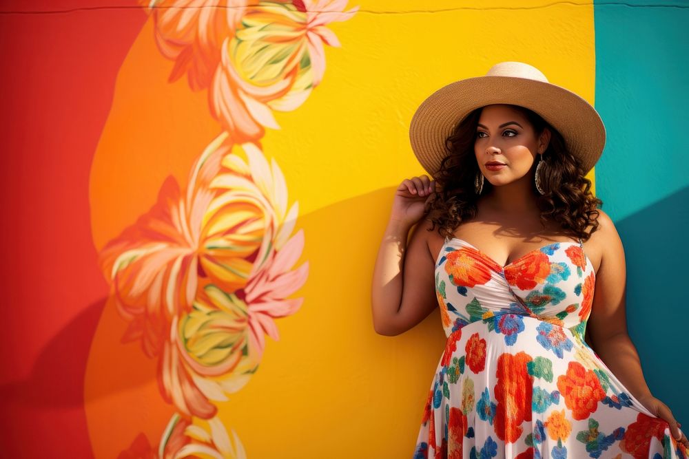 Chubby Latina woman in a sundress standing in front of a colorful wall fashion portrait vacation. AI generated Image by…