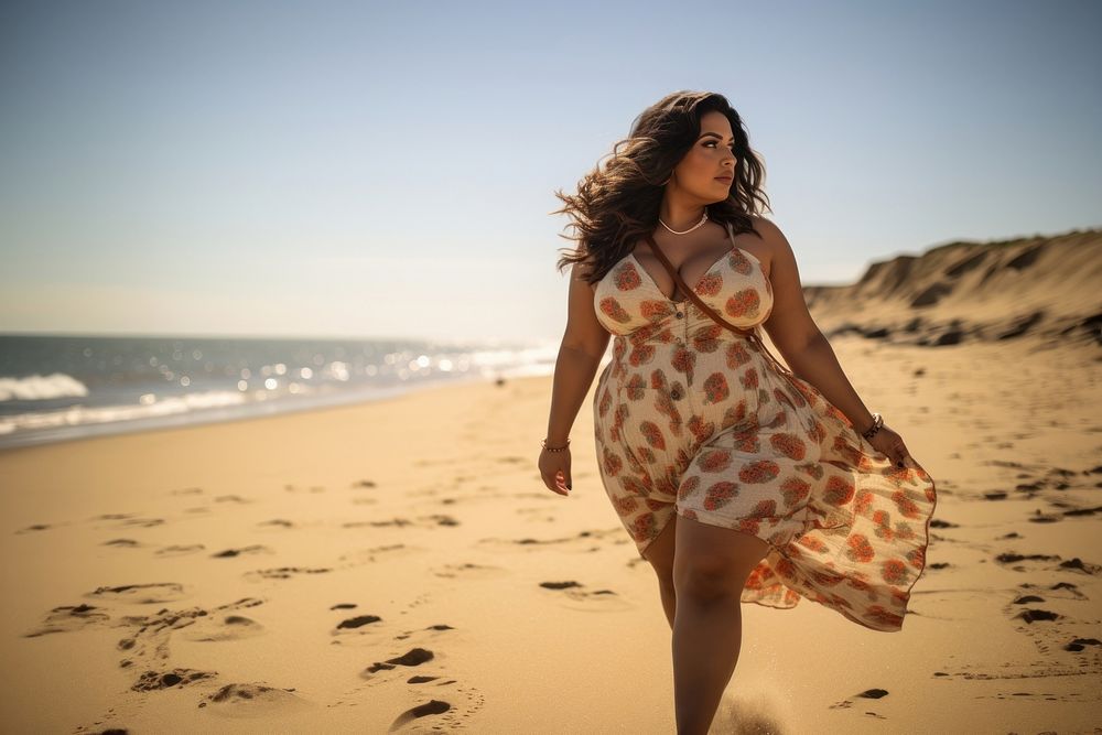 Chubby Latina woman walking on a beach with a sunny in the background vacation summer adult. AI generated Image by rawpixel.