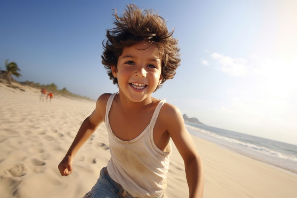 Hispanic boy running on the beach portrait summer laughing. AI generated Image by rawpixel.