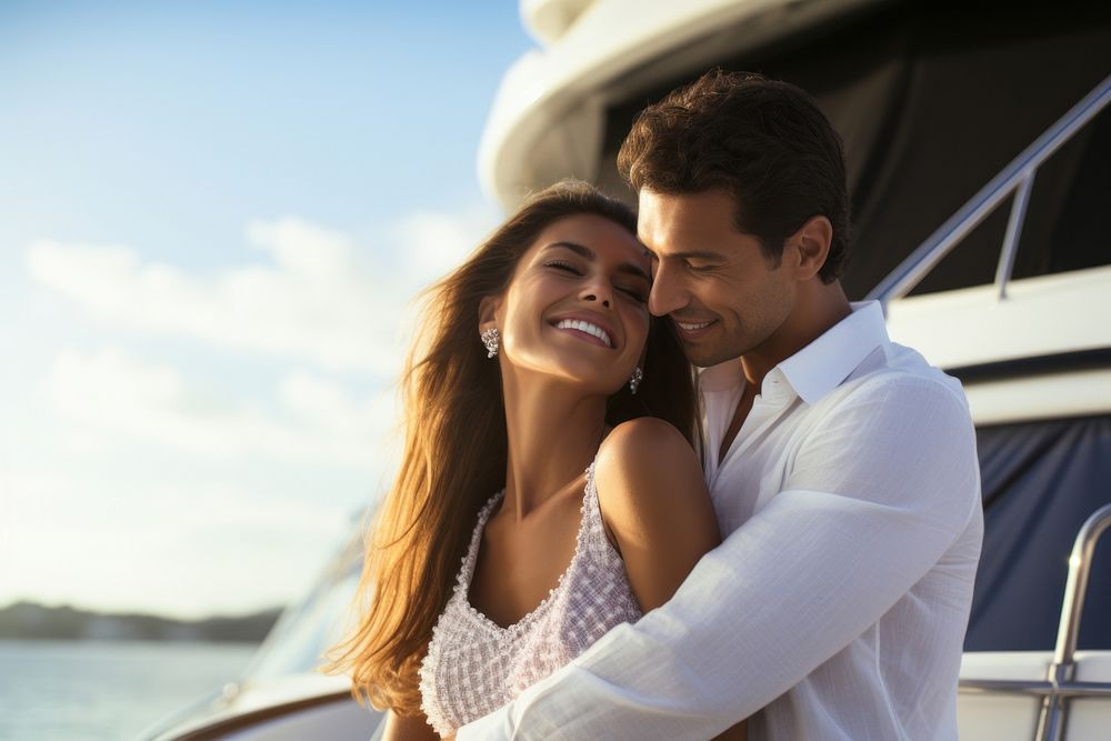 Hispanic couple hugging each other on the deck of a yacht against a sunny background vacation portrait vehicle. AI generated…