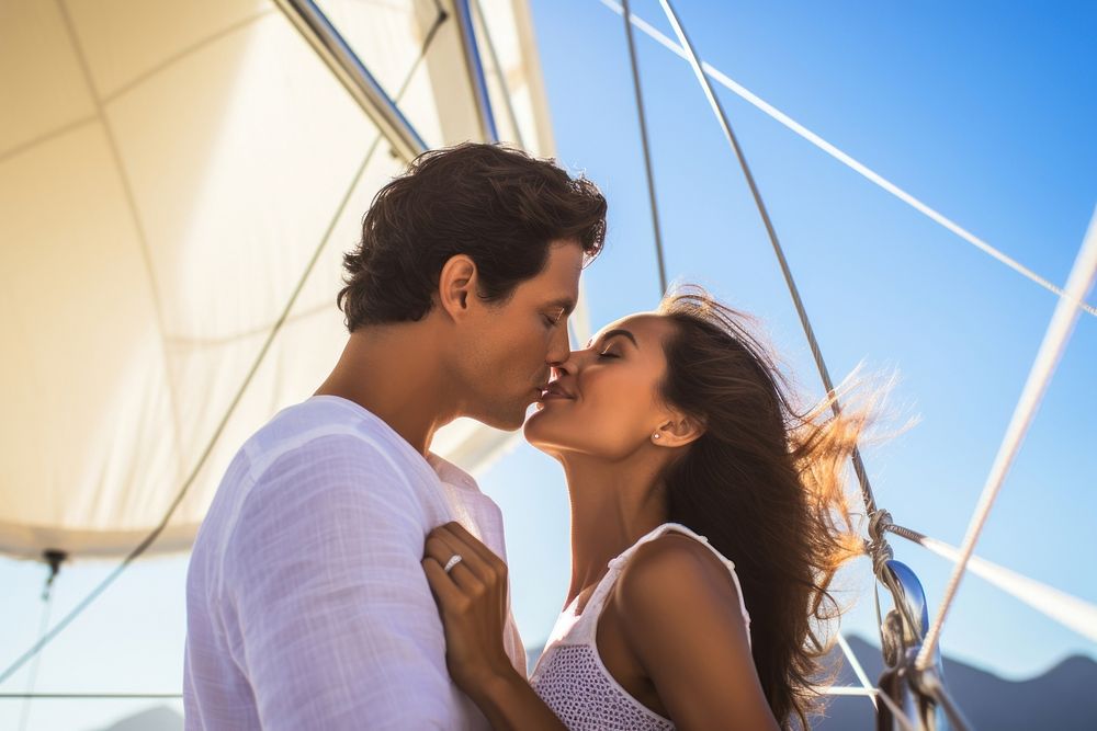 Hispanic couple kissing on the deck of a yacht against a sunny background vacation summer love. AI generated Image by…