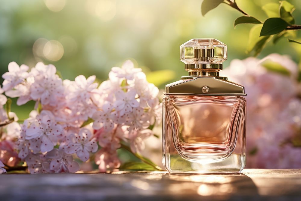 Luxurious perfume bottle against a backdrop of blooming flowers blossom plant day. AI generated Image by rawpixel.