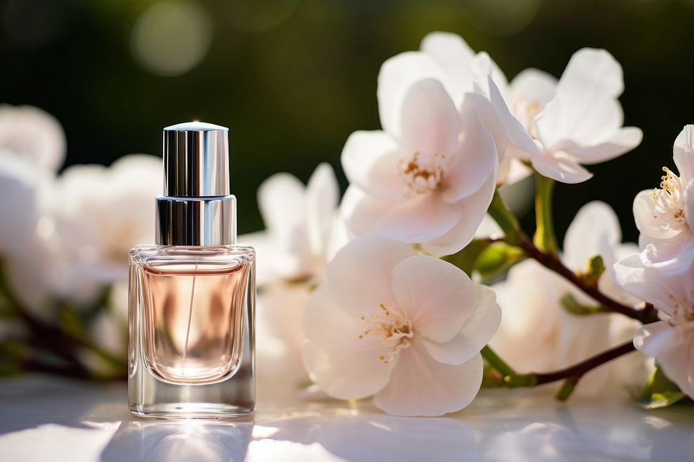 Simple perfume bottle against a backdrop of blooming flowers cosmetics blossom plant. AI generated Image by rawpixel.