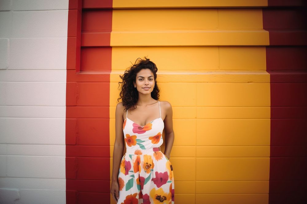 Latina woman in a sundress standing in front of a colorful wall fashion portrait adult. AI generated Image by rawpixel.