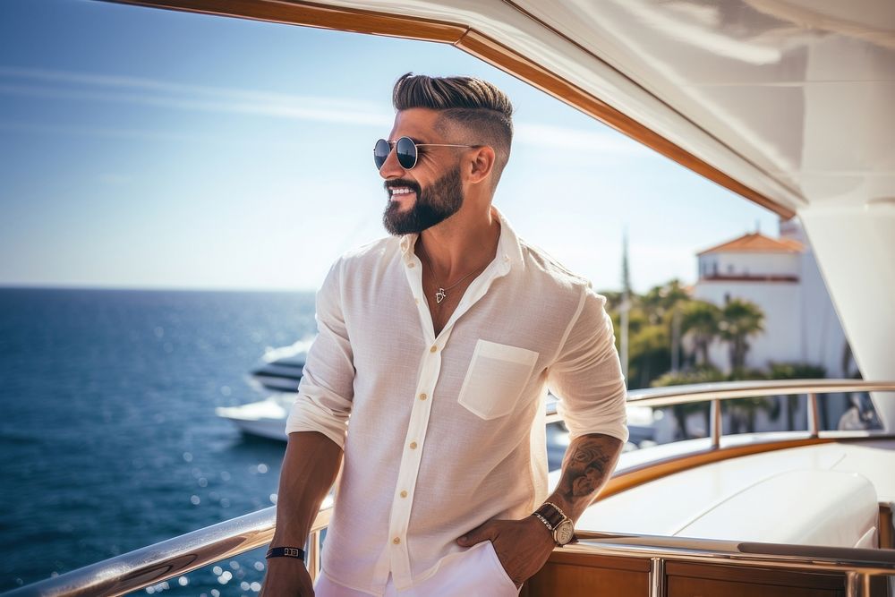 Latino man standing on the deck of a yacht with the ocean in the background sunglasses relaxation vacation. AI generated…