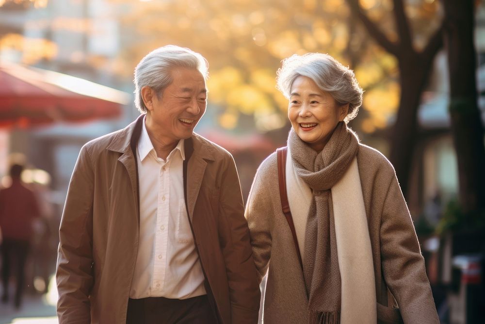 Senior Japanese couple walking people adult. AI generated Image by rawpixel.