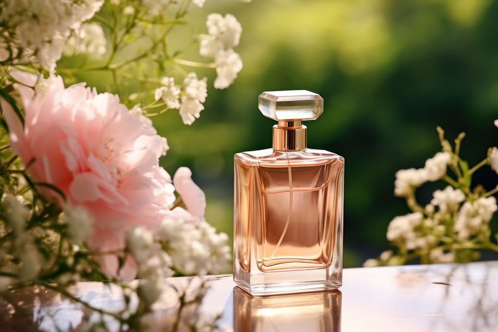 Simple perfume bottle against a backdrop of blooming flowers cosmetics day container. AI generated Image by rawpixel.