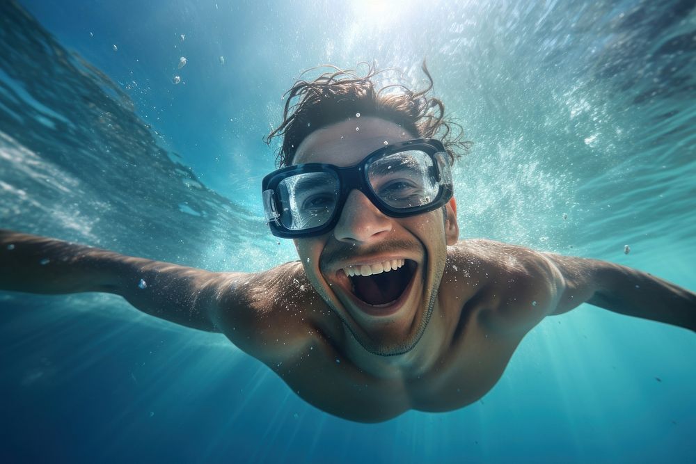 Summer atractive happy Latino man swimming with goggles in the sea underwater recreation. AI generated Image by rawpixel.
